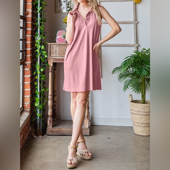 NWT Heimish PLUS + REG Size Pink Ribbed Johnny Collar Sleeveless Polo Dress - Picture 5 of 6